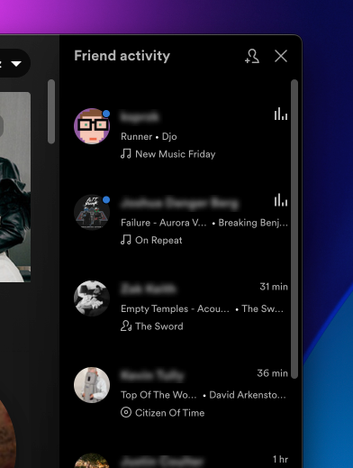 Spotify's Friend activity feed showing who is currently playing what music.
