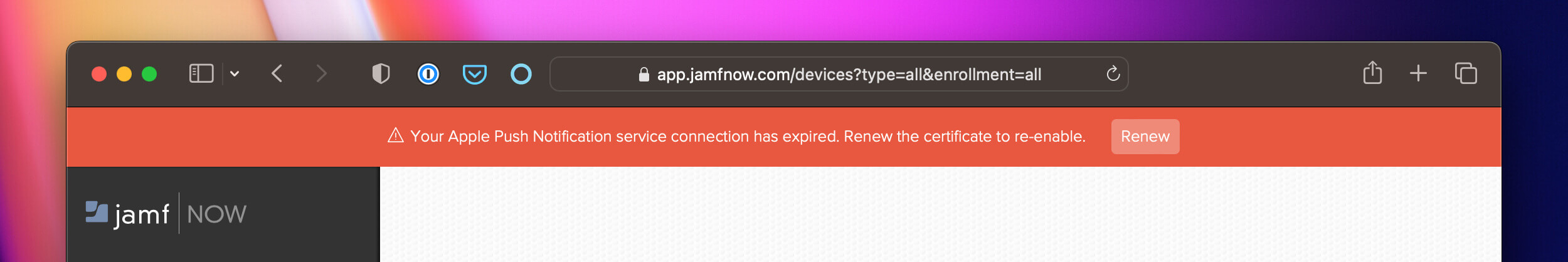 A red banner spans the top of the web app with a message reading 'A Your Apple Push Notification service connection has expired. Renew the certificate to re-enable.'